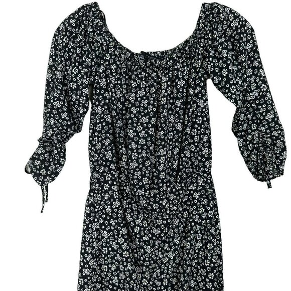 Zara Black White Floral Off Shoulder Midi Dress Ruffled With Rushing XS - Picture 13 of 15